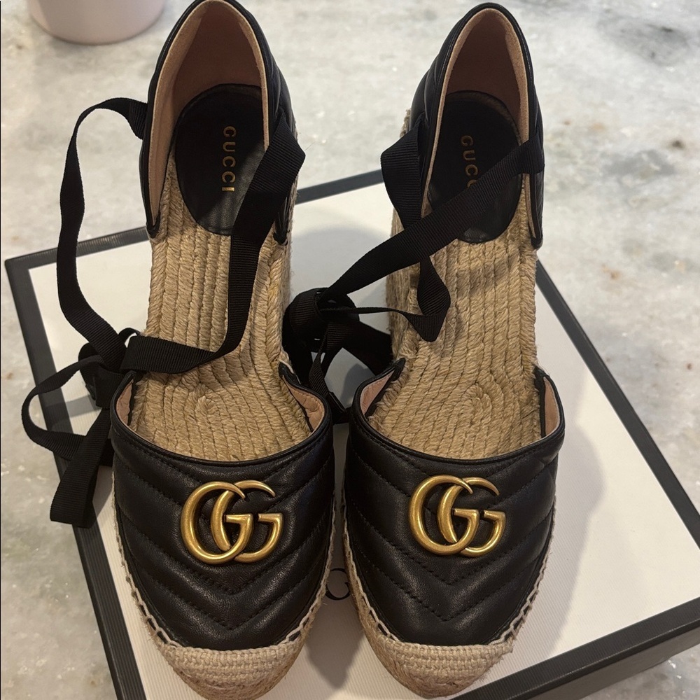 Gucci Black Matelasse Leather GG Marmont Espadrille Ankle-Tie Wedges - Picture 8 of 16